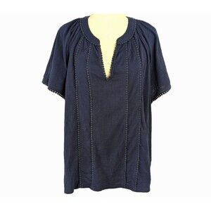 Lands' End Womens 2X Navy Blue Cotton Top T-Shirt Pom Pom Trim